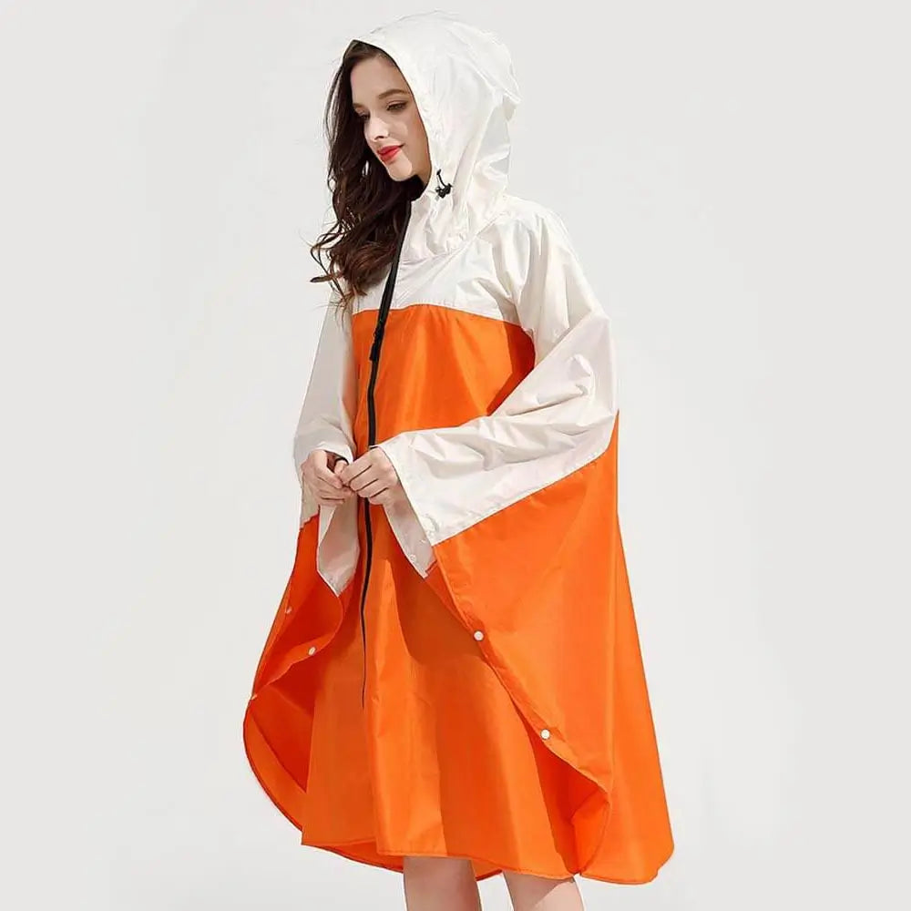 Regenponcho Damen Orange Regenmantel mit Reißverschluss vorne mit weißer kapuze hell sichtbar ohne armel weiss weiblich schön