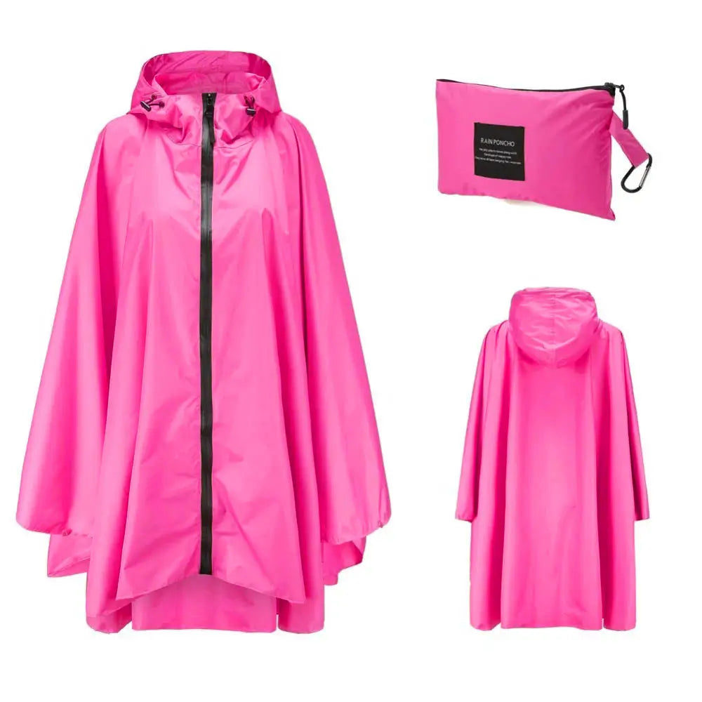 pinker Regenponcho für Damen mit reißverschluss und kapuze und aufbewahrungstasche mit karabinerhaken