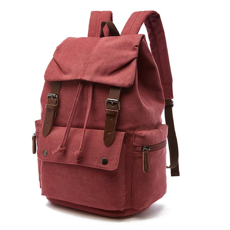 Kleiner Canvas Rucksack rot mit Leder Optik, Magnetverschluss und Schnüren, kleine Außentaschen mit Reißverschluss, Cute Backpack