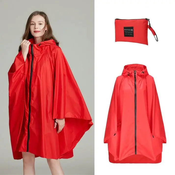 Roter Regenponcho für Damen, Regenmantel mit Reißverschluss und Kapuze ohne Ärmel