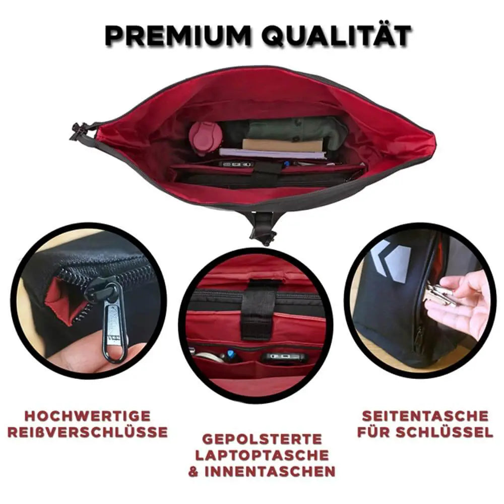 Mehrere Darstellungen von der wasserdichten Kombitasche von innen. Gepolsterte rote Innentasche für mehr Schutz für den Laptop. Tasche enthält hochwertige Reißverschlüsse und eine Seitentasche für den Schlüssel.