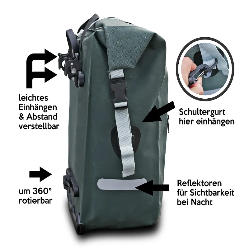 Fahrradtasche Gepäckträger Wasserdicht mit Schultergurt und leicht einhängenden Haltern.