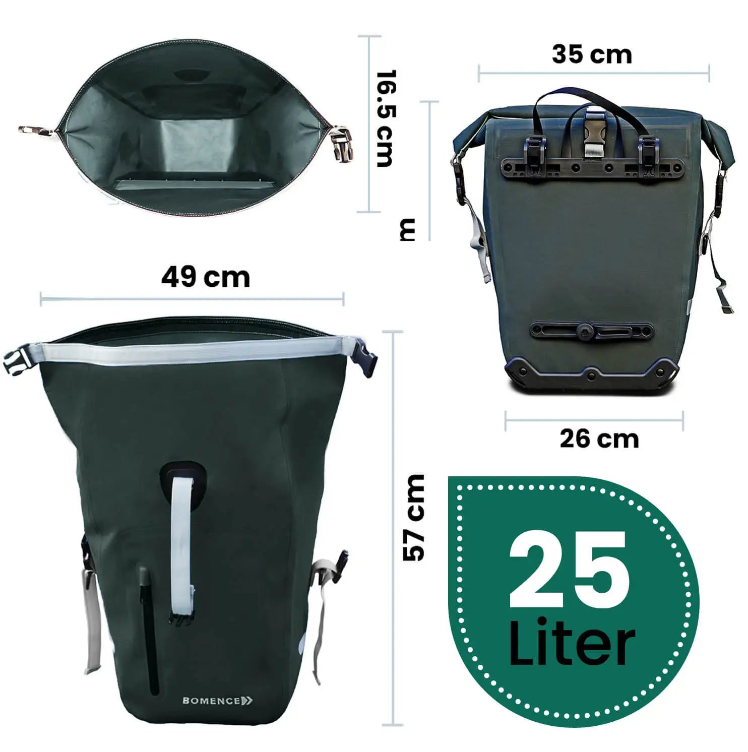 Fahrradtasche Gepäckträger Wasserdicht in Grün hat ein Volumen von 25 Litern und ist durch sein Rolltop variabel einstellbar.