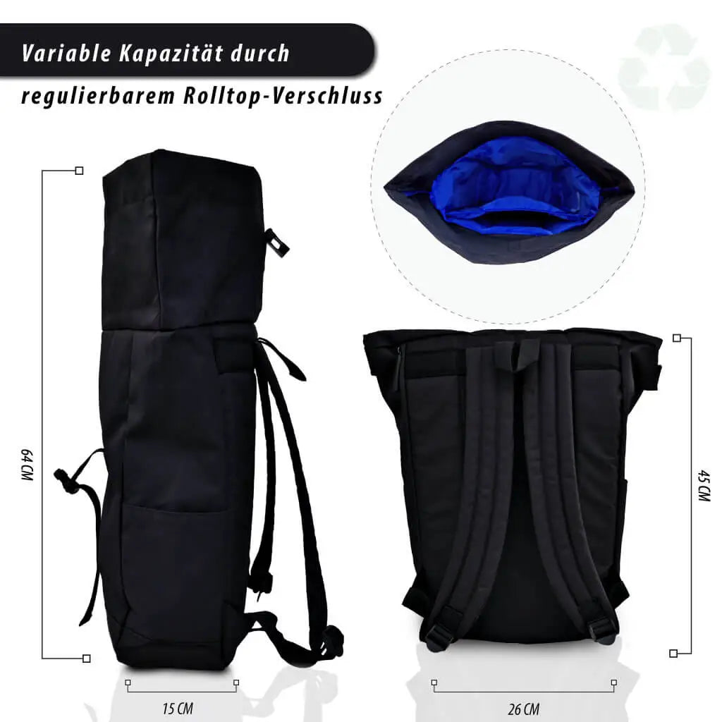 Rolltop Rucksack in schwarz von Seite, hinten und Innenansicht, blaues Futter. Schultergurte sind gepolstert. Verschluss zum Rollen und mit Schnalle, variable Kapazität von bis zu 20 Liter
