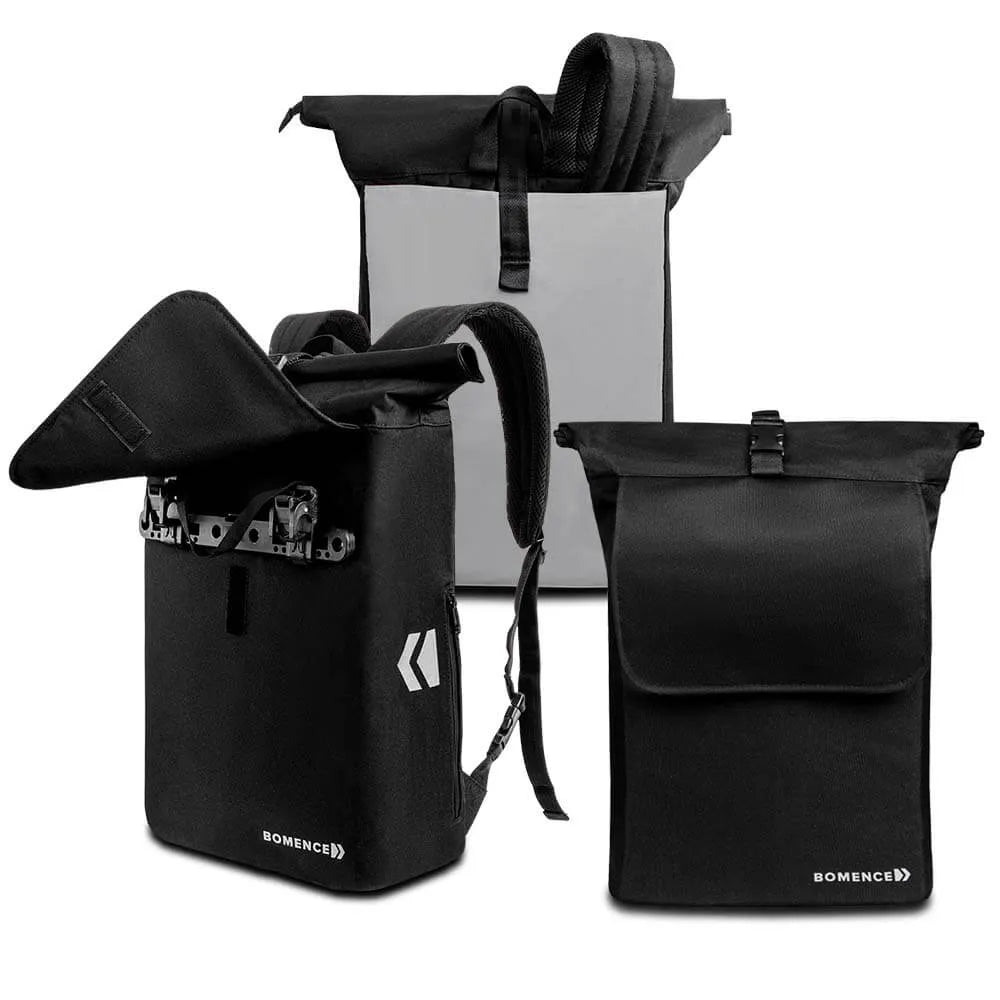 Fahrradtasche Rucksack Kombi gezeigt von vorne und von hinten. Hinten ist Material schwarz und vorne befindet sich die vollreflektierende Seite.