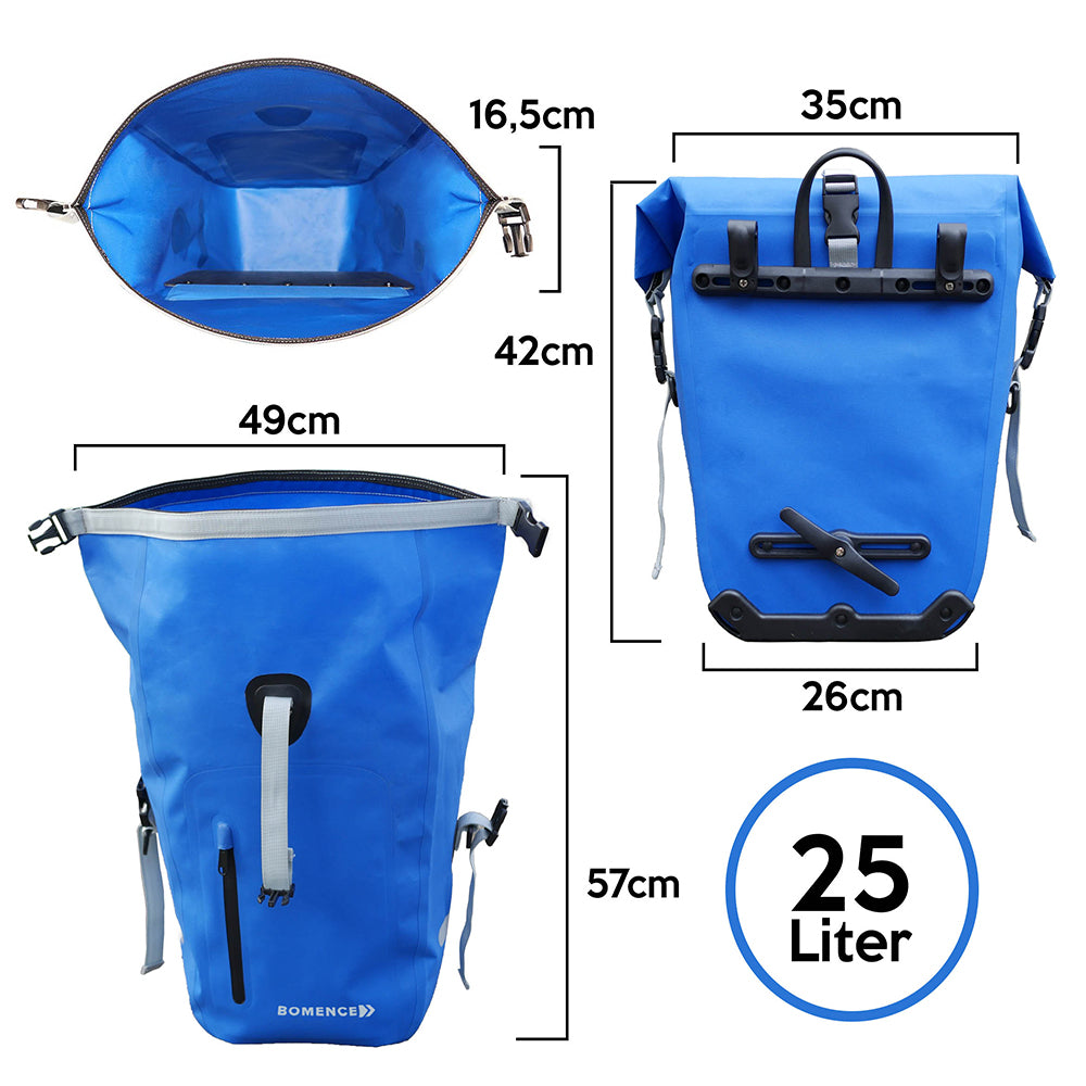 Fahrradtaschen für Gepäckträger blau, Gepäckträgertasche blau, Radtasche mit 25 Liter Volumen.