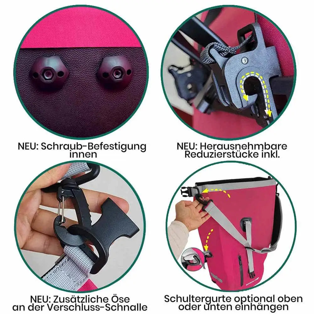 Details zur neuen pinken Fahrradtasche für den Gepäckträger mit Schraub Befestigung im Inneren, herausnehmbaren Reduzierstücken, Umhängegurt und Schnalle. Darstellung auf vier runden Bildern.