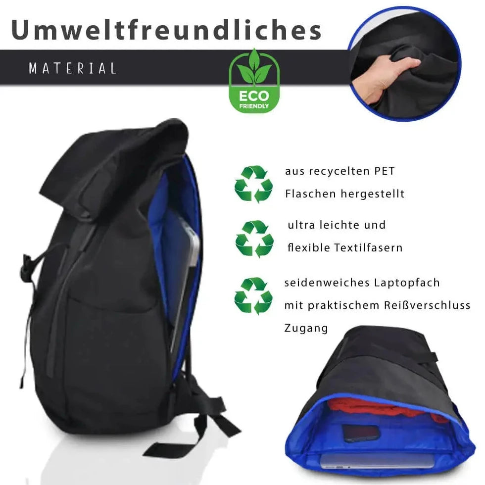 Umweltfreundliches Material des Rolltop Rucksacks für Damen und Herren aus recycelten PET Flaschen hergestellt mit ultraleichten flexiblen Textilien und einem seidenweichen Laptopfach drei Bilder zeigen das Innenfach des Rucksacks und die weiche Qualität