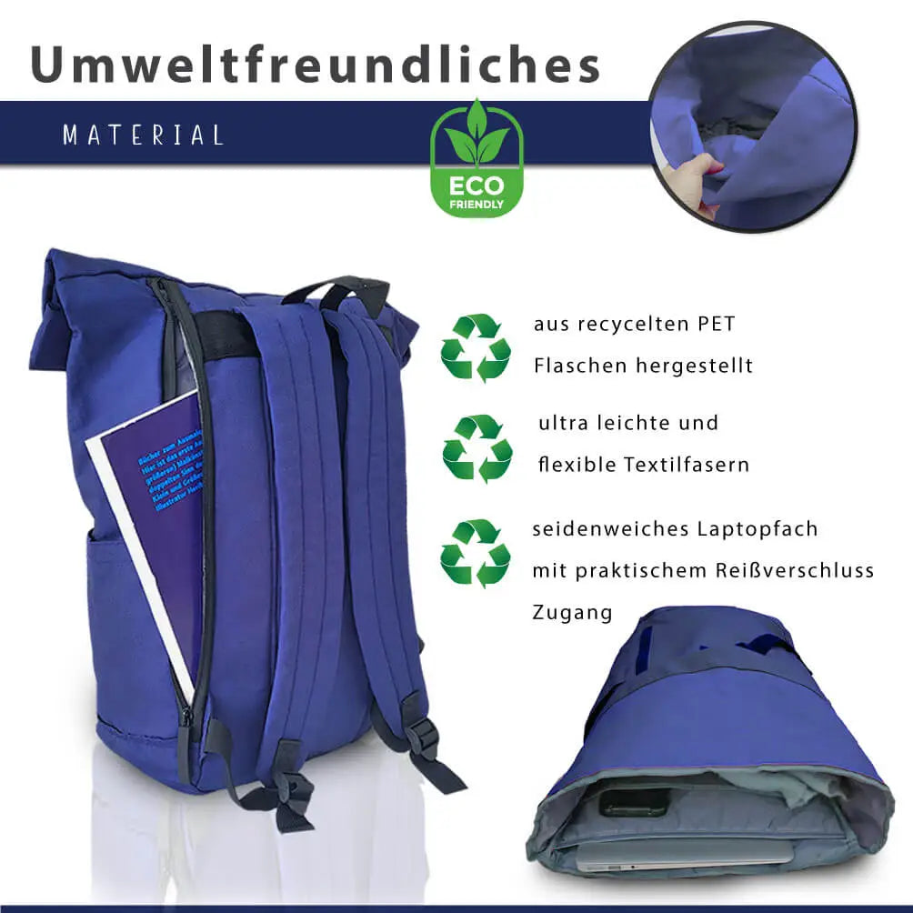 Rucksack ist aus recycelten PET Flaschen hergestellt und somit sehr umweltfreundlich. Die Textilfasern sind sehr leicht und doch sehr flexibel und robust. Eine Laptoptasche befindet sich im inneren und ist mit einen Reißverschluss versehen, sodass dieser optimal geschützt ist.