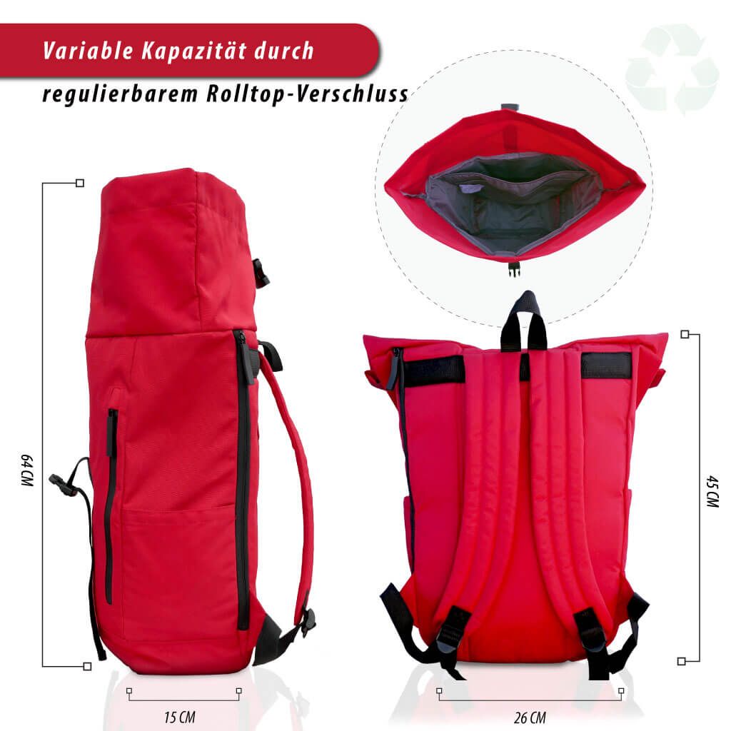 roter rucksack, roter rucksack damen, wanderrucksack rot, rolltop Daypack mit variabler Kapazität inklusive Laptopfach und Reißverschlussöffnung an der Seite, Maße 45x26x15 cm, Verschluss Schnalle, ultra leicht