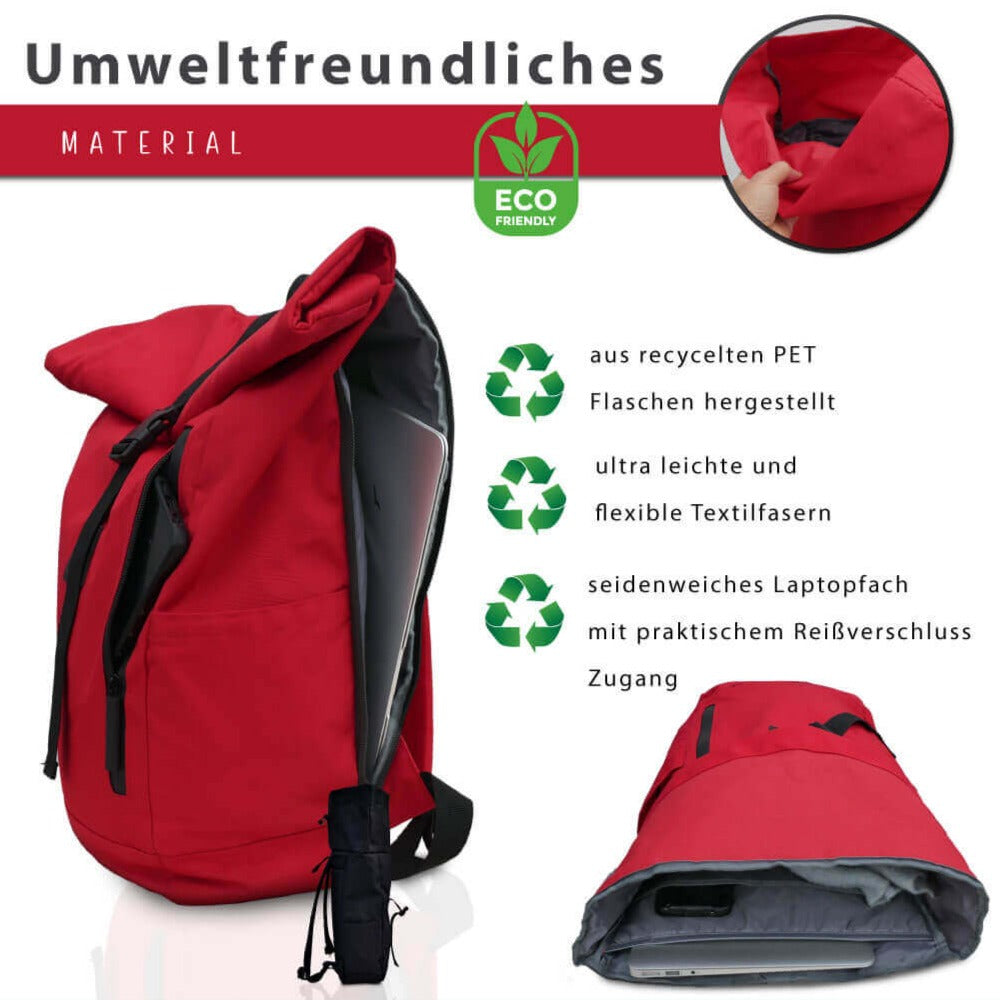 rucksack nachhaltig und recycelt, damenrucksack aus meeresplastik, rolltop rucksacktasche wasserdicht, ultra leichter rucksack rot aus RPET plastik, plastikflaschen, upcycling rucksack wasserdicht, rucksack recycling, fahrradrucksack, mit Laptopfach