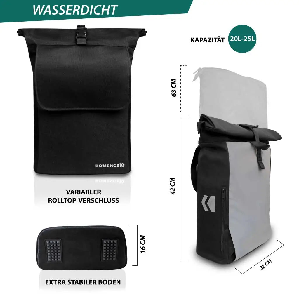 Rolltop Rucksack Fahrradtasche Laptopfach reflektierend mit Stabilisierung am Boden Bomence elegant schick schwarz größe